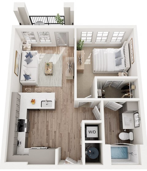 Floor plan for 1 bed, 1 bath, 645 sqft